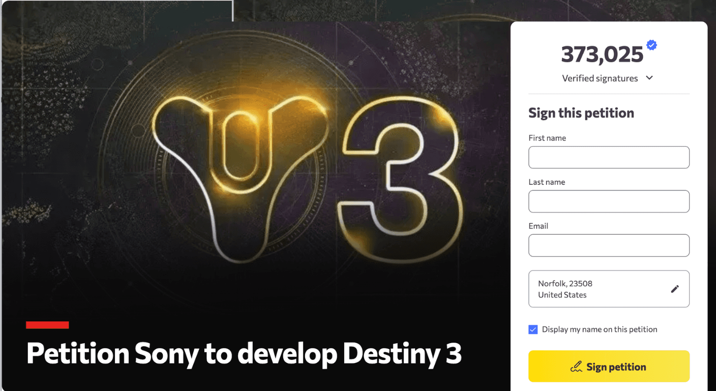 DESTINY 2'S LAST UPDATE SHIPPED TODAY. A 373,000-NAME PETITION WANTS A DO-OVER. THE MERCH SHELF JUST FROZE.