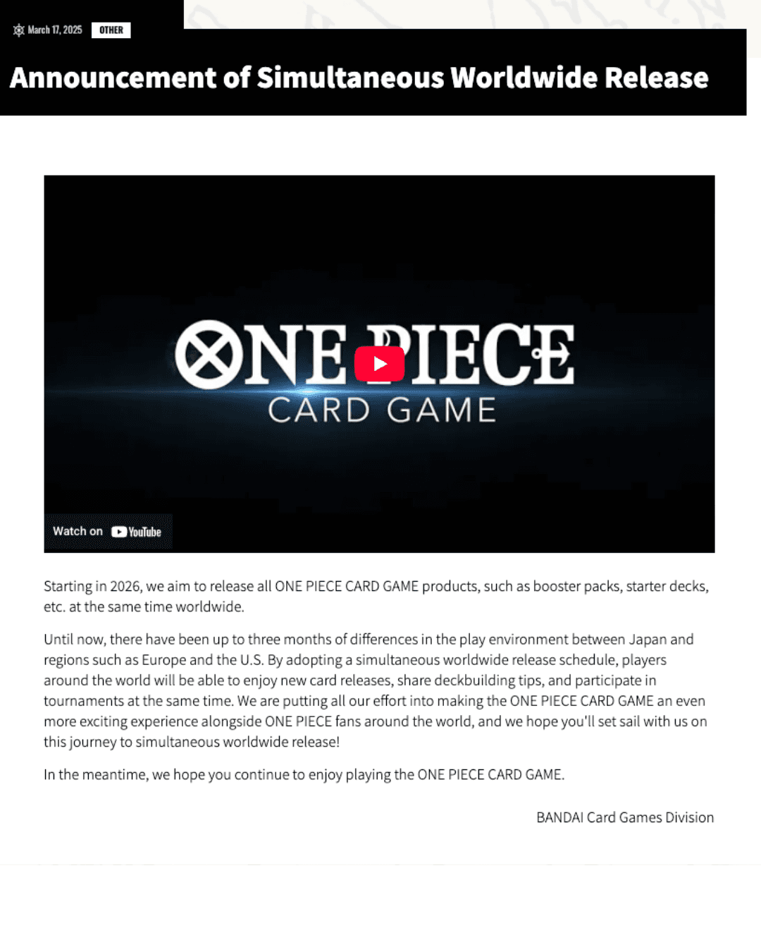 BANDAI KILLS THE JAPAN-FIRST WINDOW. ONE PIECE TCG GOES SIMULTANEOUS WORLDWIDE IN 2026.